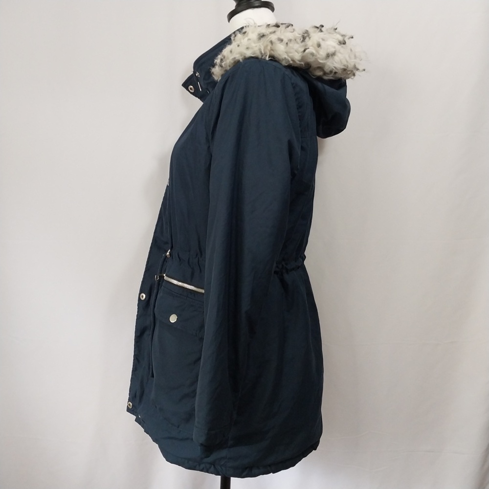 Tiffosi Navy Blue Hooded White Faux Fur Zip Up Button Down Long Sleeve Jacket M - Picture 8 of 15